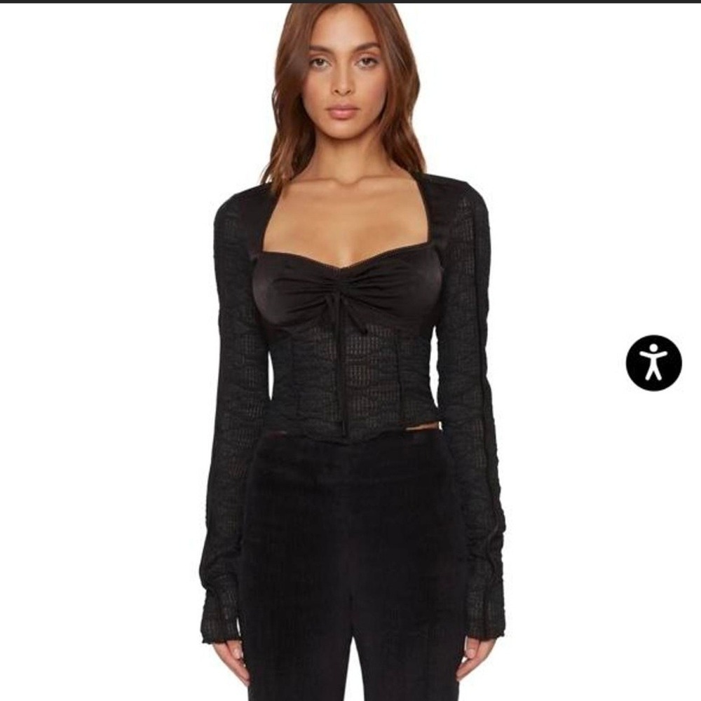 Guizio Black Satin Archangel Swirl Long Sleeve Corset Top Sweetheart Cropped Med